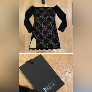 NBD lace overlay off shoulder mini dress in black